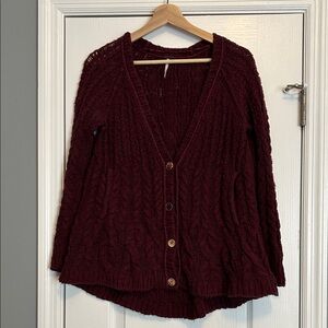 Free People Burgundy Cable Knit Cardigan With Pockets